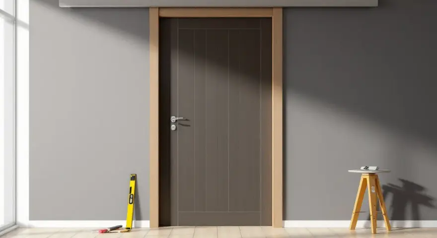 Installation d'une porte coulissante. La dimension ouverture pour porte coulissante de 73 est prête. Outils de mesure à proximité.