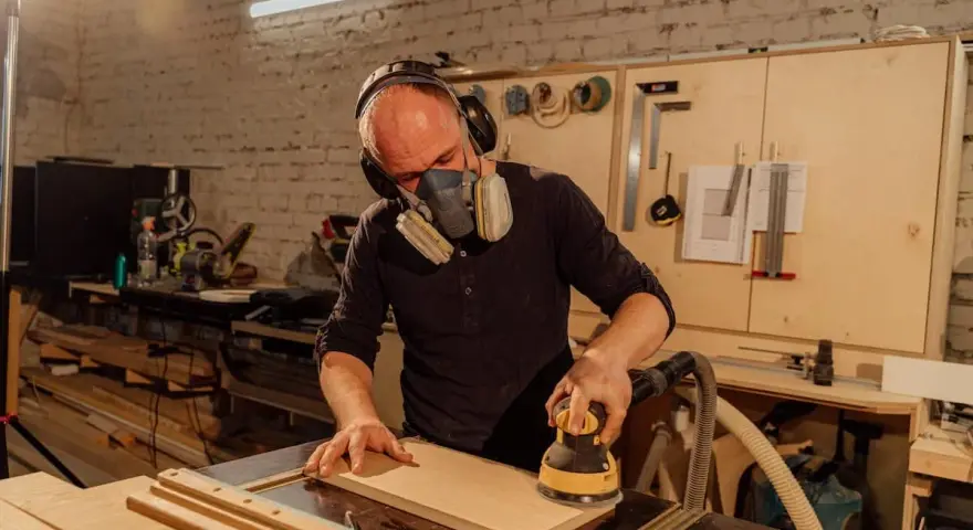 Un artisan apprend comment utiliser une ponceuse pour lisser une planche de bois. Il porte un masque et des écouteurs pour sa sécurité.