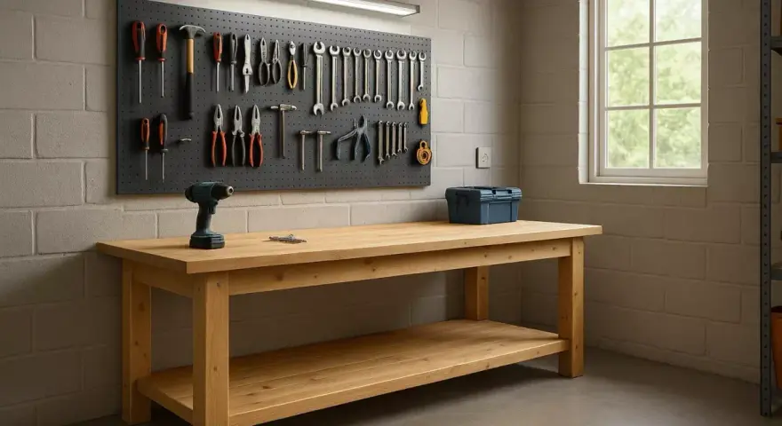 Un établi de garage en bois, prêt pour vos projets. La dimension parfaite pour organiser vos outils sur le panneau perforé.
