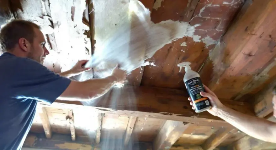 Un homme utilise un produit pour nettoyer des poutres en bois, retirant une vieille couche de revêtement.