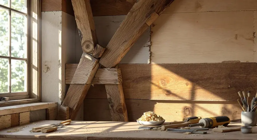 Atelier de menuiserie, outils et copeaux de bois sur un établi, près d'une fenêtre baignée de soleil. Le traitement des poutres anciennes est visible en arrière-plan.