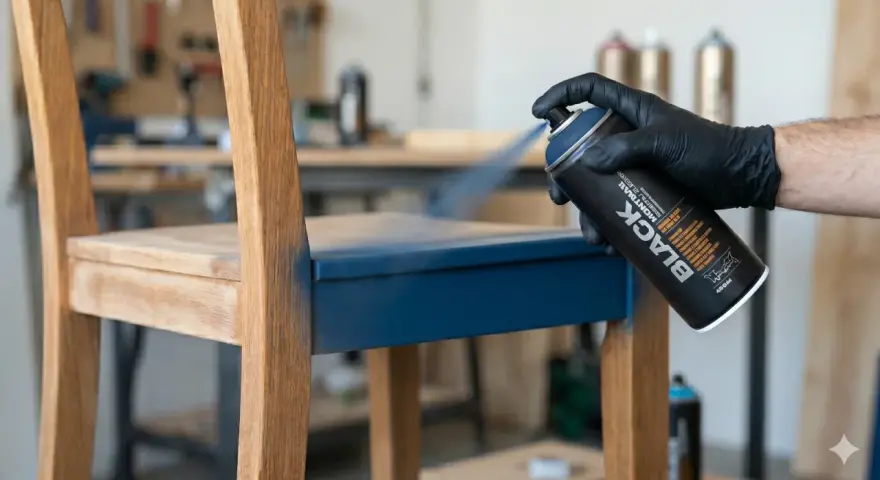 Main d'une personne portant un gant noir en train de peindre un meuble en bois avec une bombe de peinture bleue.