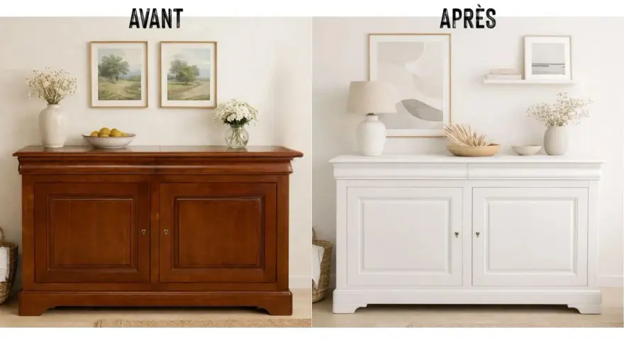 Avant/Après : un meuble buffet en bois verni transformé en blanc lumineux. Une belle rénovation pour ce meuble bois.