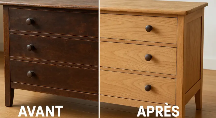 Avant/Après : une commode en chêne sombre transformée en meuble clair après avoir été décaper.