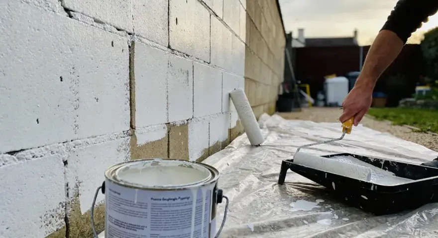 Application de peinture blanche sur un mur de parpaings avec un rouleau. Le travail est en cours, une boîte de peinture est visible.