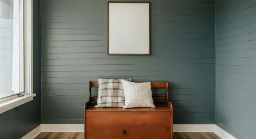 Avant/après : lambris repeint en bleu-gris, banc en bois avec coussins, cadre vide au mur.