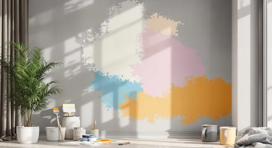 Peinture sur mur ciment intérieur avec des éclaboussures de couleurs vives. Des pots de peinture et des pinceaux sont disposés au sol, prêts pour un projet créatif.