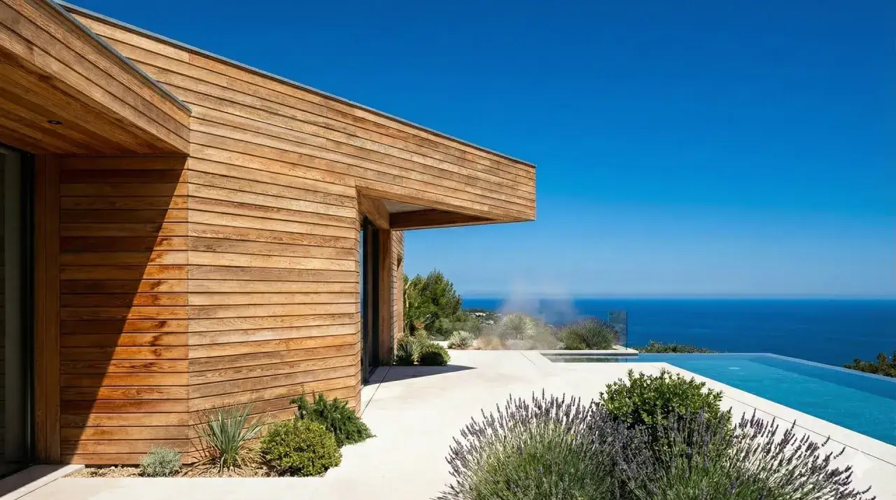 Maison moderne aux parements en bois douglas, avec piscine à débordement et vue sur la mer bleue.