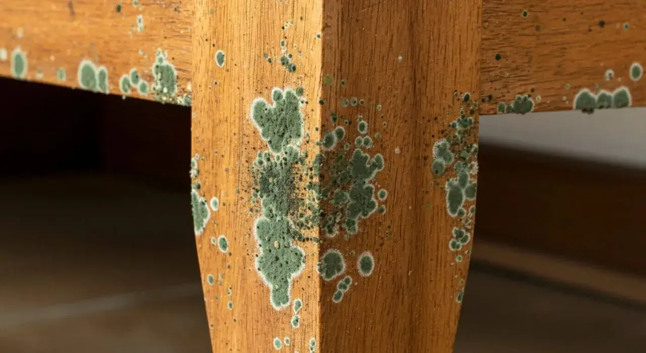 Moisissure verte sur bois. Idéal pour fabriquer un fongicide naturel pour bois et protéger vos meubles.
