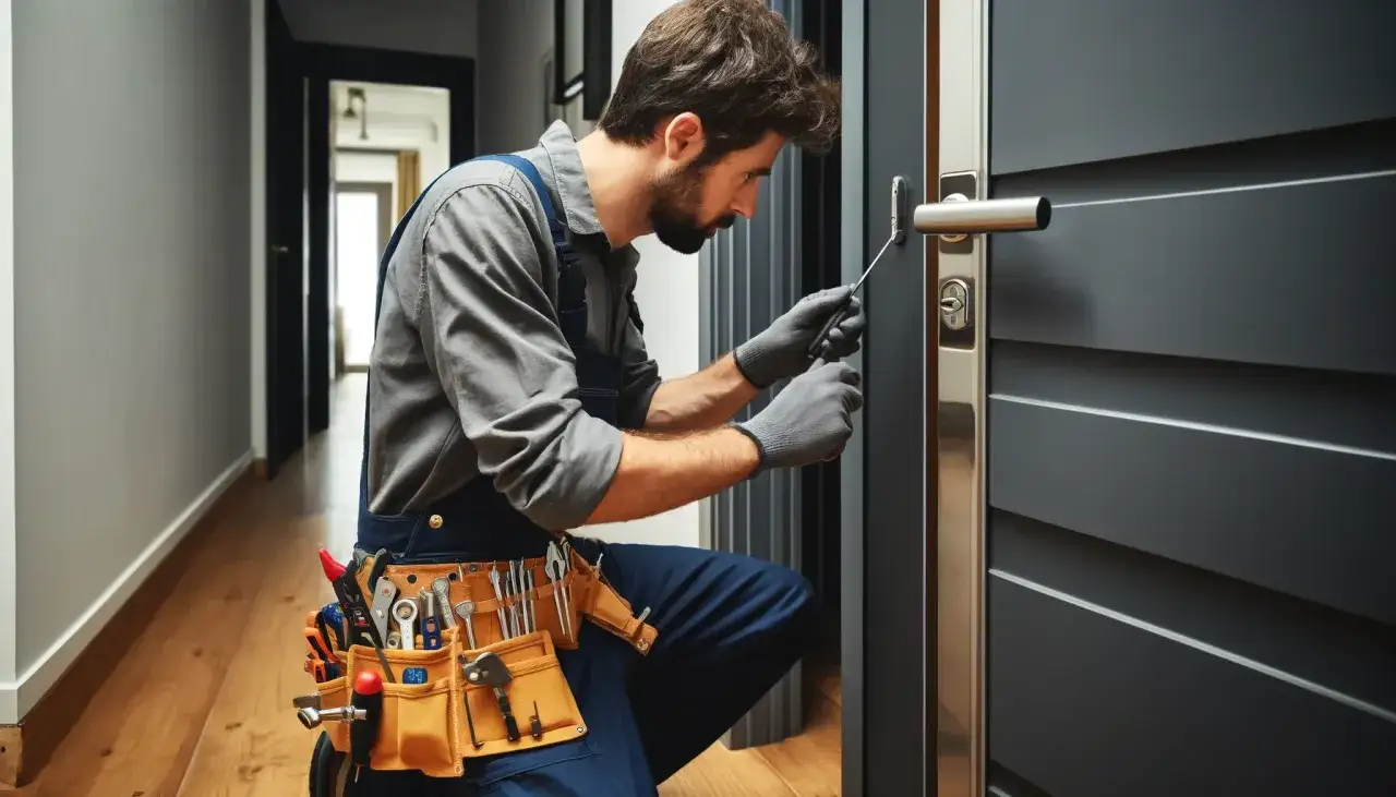 Un serrurier r&eacute;pare une serrure cass&eacute;e sur une porte ferm&eacute;e. Il porte une combinaison et une ceinture &agrave; outils bien garnie.