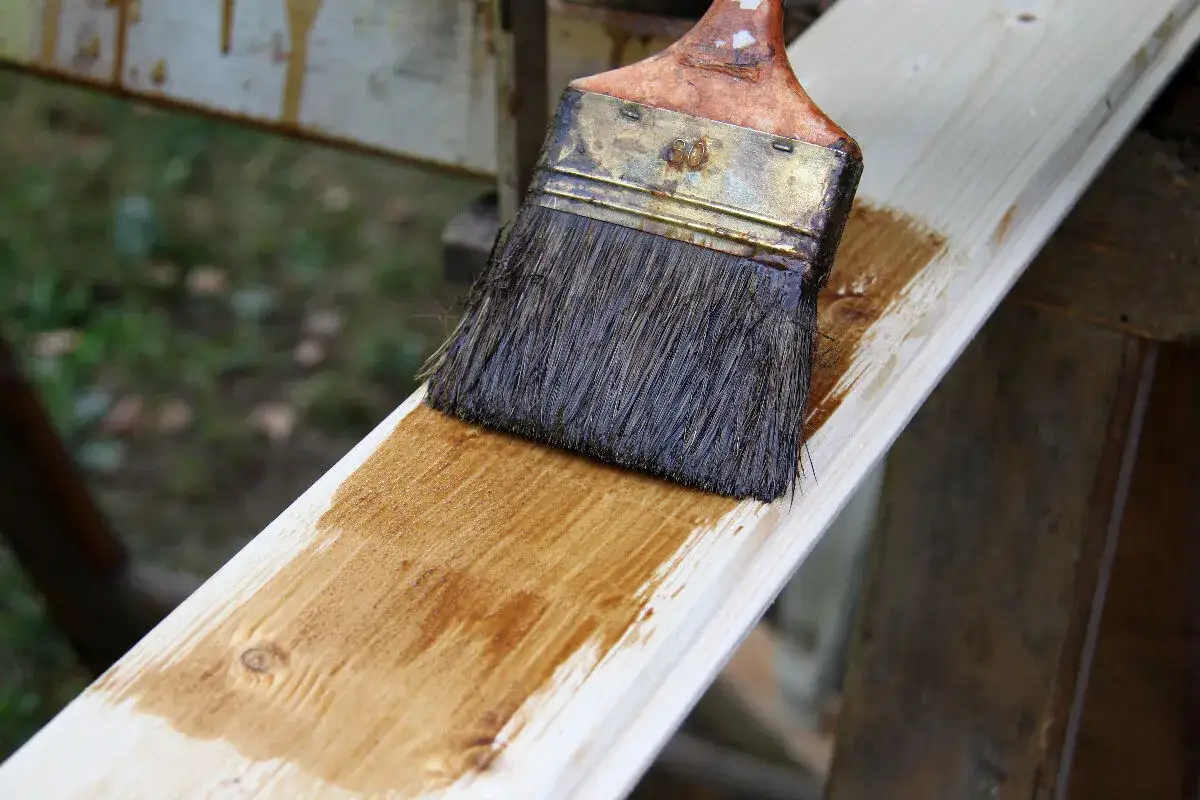 Application d'une lasure bois autoclave sur une planche de bois clair. Le pinceau dépose le produit protecteur, révélant la beauté naturelle du bois.