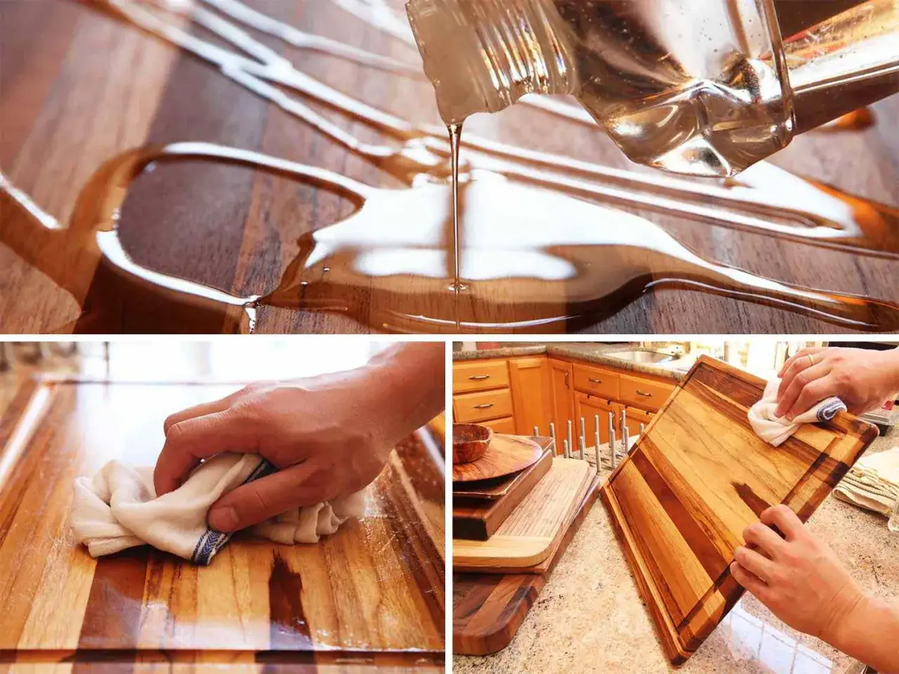 Application d'huile sur une planche &agrave; d&eacute;couper en bois. Un liquide transparent est vers&eacute; sur le bois, puis une main essuie l'exc&eacute;dent avec un chiffon.