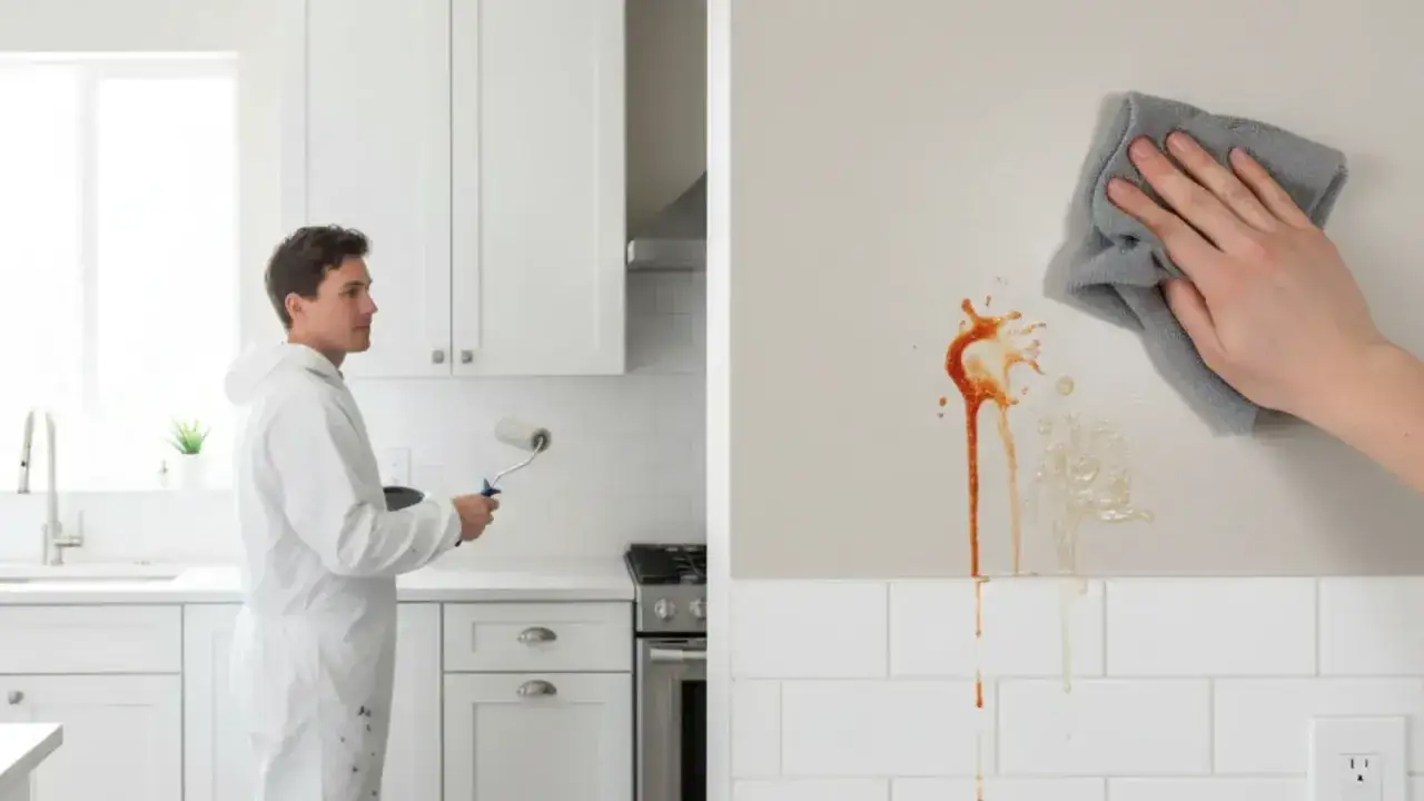 Un homme en combinaison blanche s'appr&ecirc;te &agrave; peindre une cuisine. &Agrave; c&ocirc;t&eacute;, une main nettoie des taches de peinture glyc&eacute;ro sur un mur.
