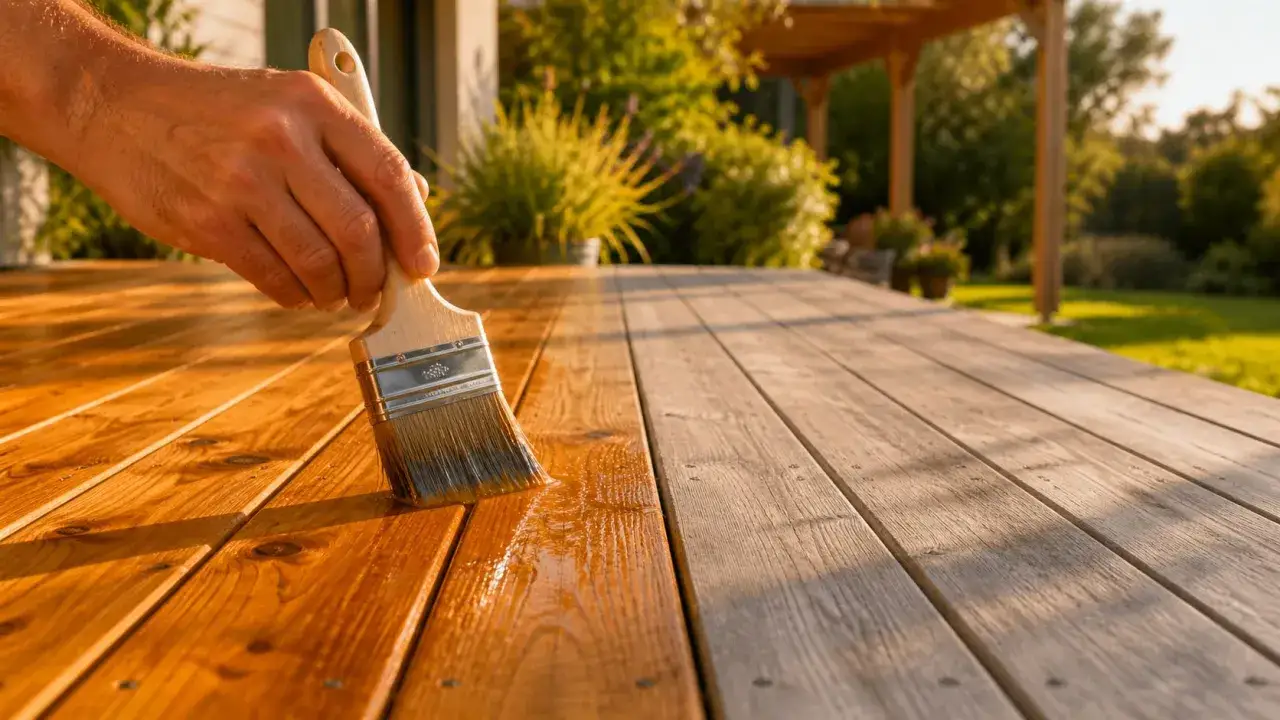 Main d'homme appliquant du saturateur sur une terrasse en bois. La moitié est traitée, l'autre non. La pluie sur saturateur pas sec peut ruiner le travail.