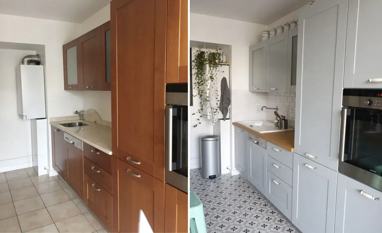 Avant/après : des meubles de cuisine en bois transformés en gris clair pour un relooking moderne.