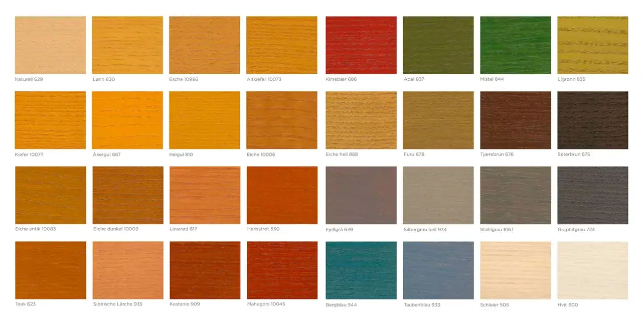 Nuancier saturateur bois : &eacute;chantillons de teintes allant du naturel au brun fonc&eacute;, en passant par des tons jaunes, rouges, verts et gris.