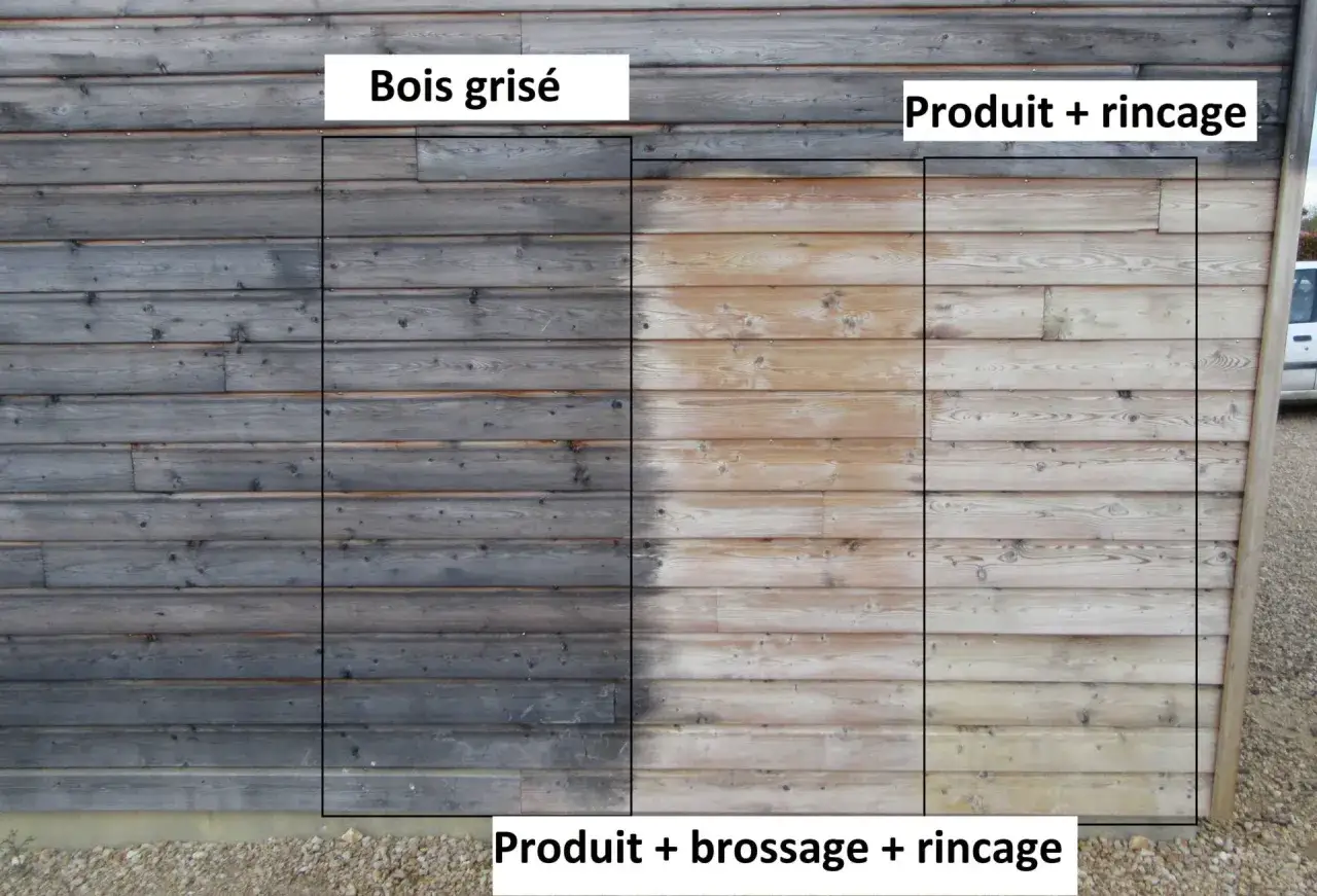 Comparaison avant/après : bois grisé à gauche, bois traité (produit + brossage + rinçage) à droite. Le produit redonne vie au bois.