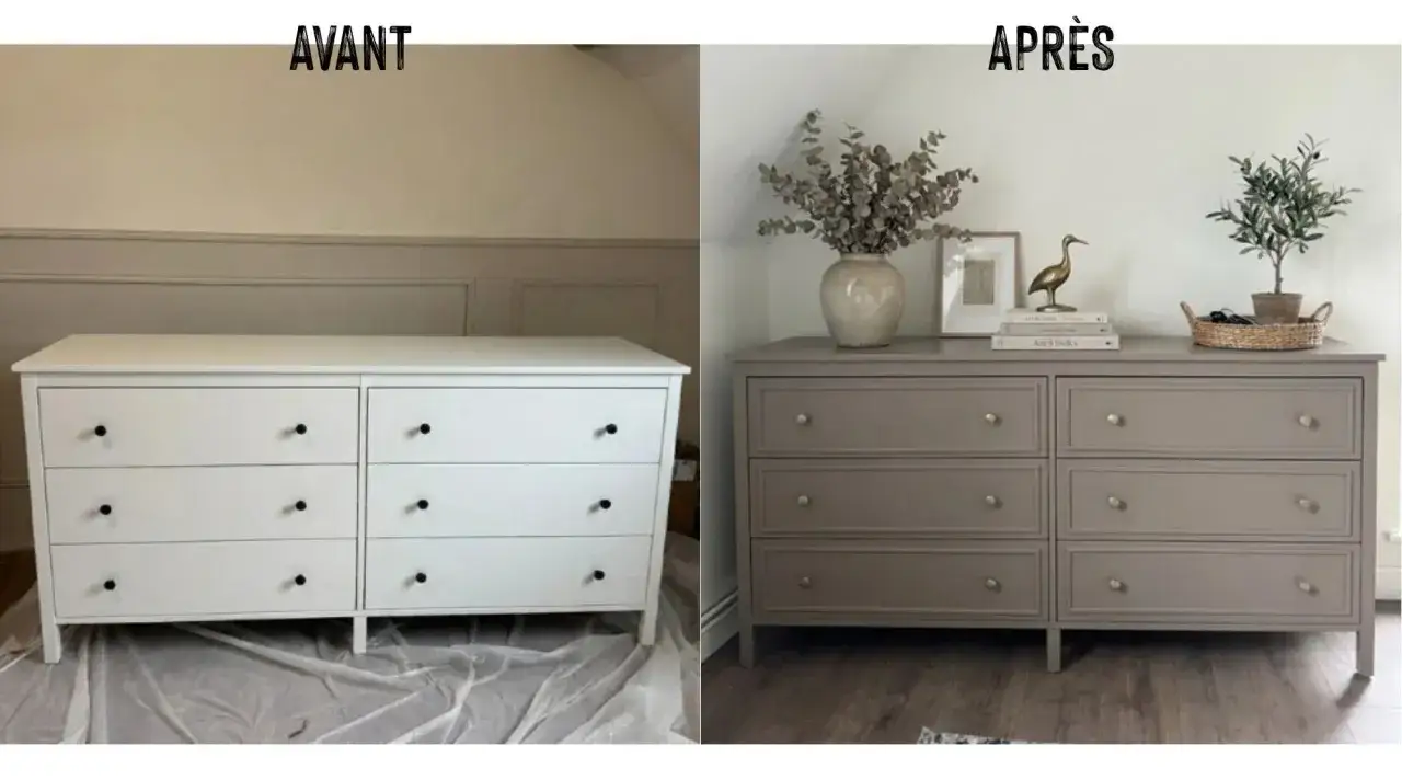 Avant/Apr&egrave;s : une commode 3 tiroirs blanche transform&eacute;e en un meuble gris &eacute;l&eacute;gant, orn&eacute; de poign&eacute;es dor&eacute;es et d&eacute;cor&eacute;.