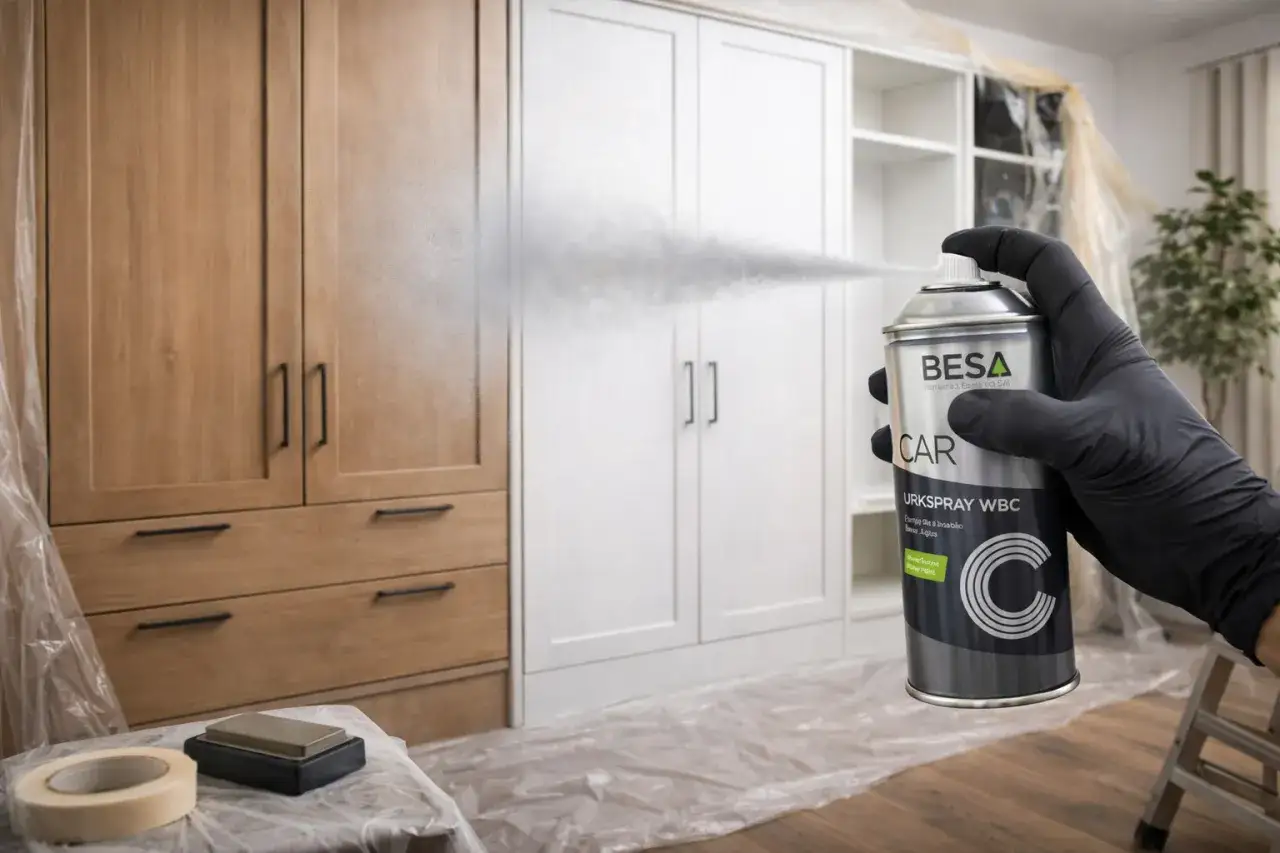 Gant noir pulv&eacute;risant un produit pour enlever de la bombe de peinture sur un meuble en bois.
