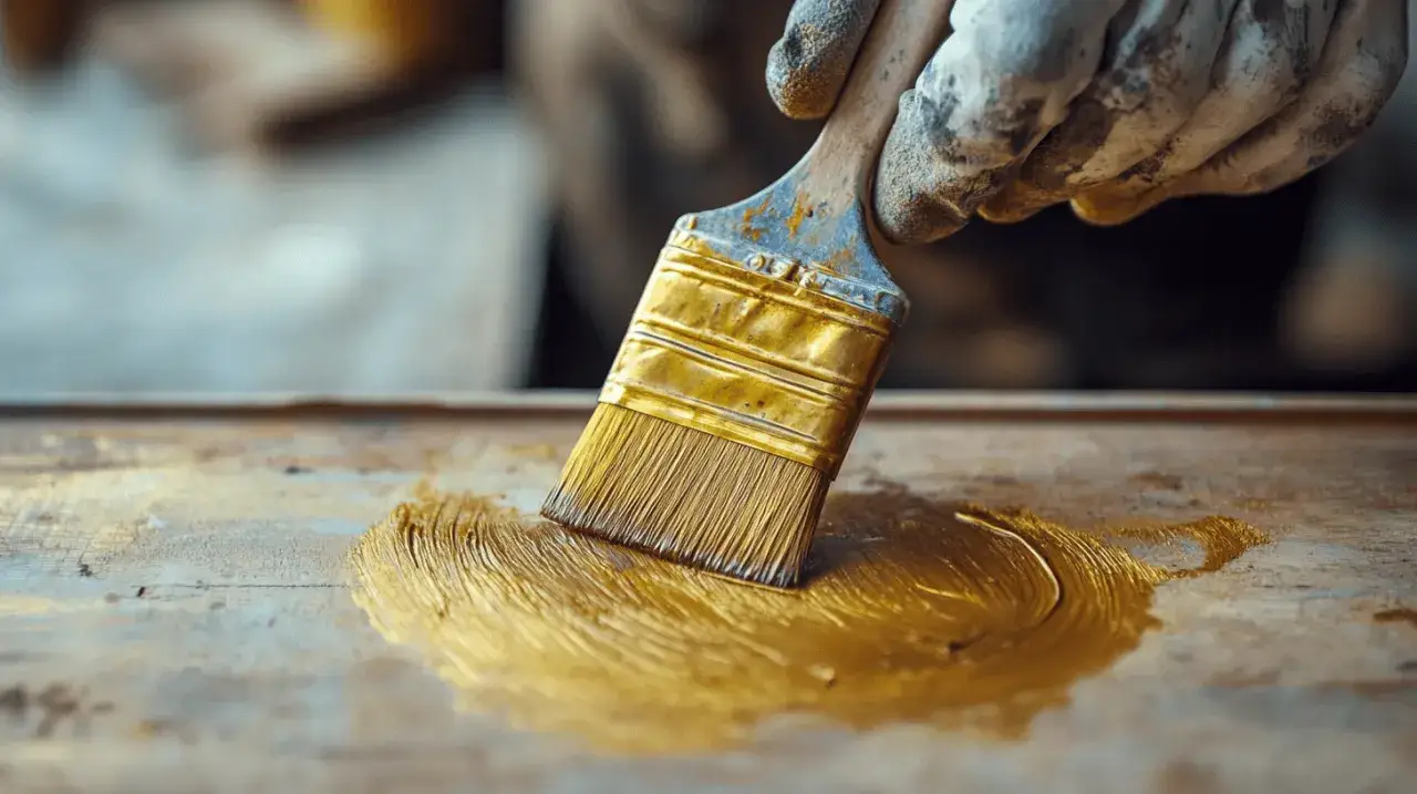 Maintenant, découvrez comment faire du doré avec de la peinture. Une brosse applique une peinture dorée sur une surface en bois.