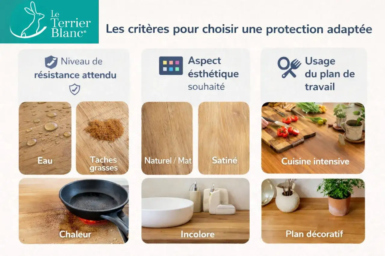 Crit&egrave;res pour le traitement plan de travail bois : r&eacute;sistance eau, taches, chaleur, aspect naturel/satin&eacute;, usage cuisine intensive ou d&eacute;coratif.