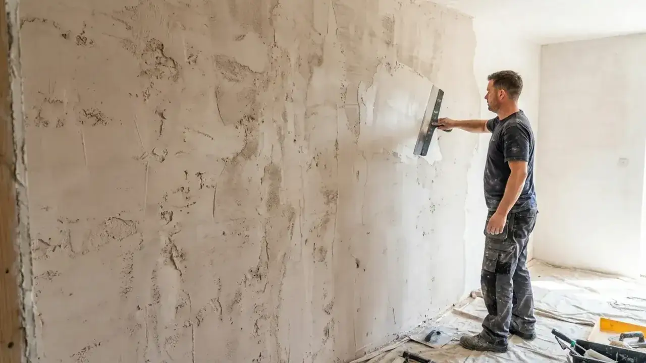Un ouvrier lisse un mur texturé avec une truelle, préparant la surface pour supprimer l'effet peau d'orange avant la peinture.