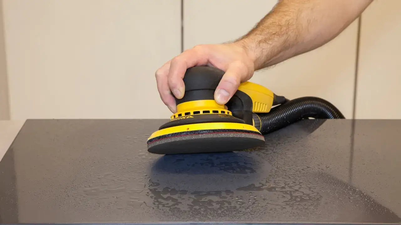 Main d'un homme utilisant une ponceuse orbitale pour nettoyer du bois après ponçage. La surface est mouillée, prête pour la finition.