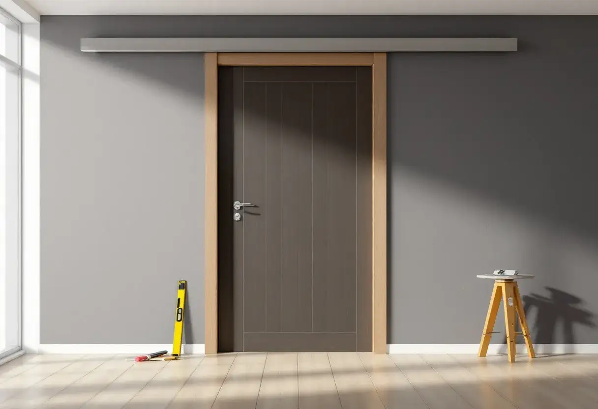 Installation d'une porte coulissante. La dimension ouverture pour porte coulissante de 73 est pr&ecirc;te. Outils de mesure et tabouret &agrave; proximit&eacute;.