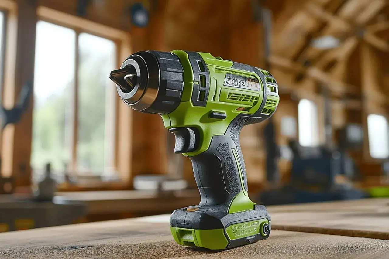Visseuse verte et noire sur un établi en bois. La différence visseuse à choc et visseuse est subtile, mais cet outil est prêt pour tous vos travaux.