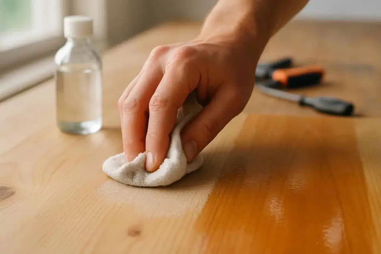 Main tenant une lingette imbib&eacute;e d'ac&eacute;tone pour enlever la peinture sur un meuble en bois.