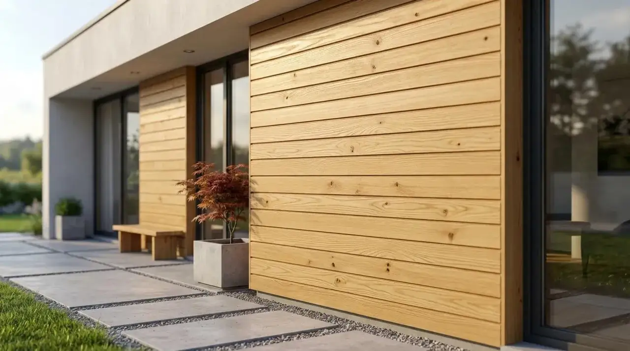 Fa&ccedil;ade moderne avec bardage en bois clair, rappelant l'acacia bois dur ou tendre, devant une all&eacute;e en dalles de b&eacute;ton et une plante.