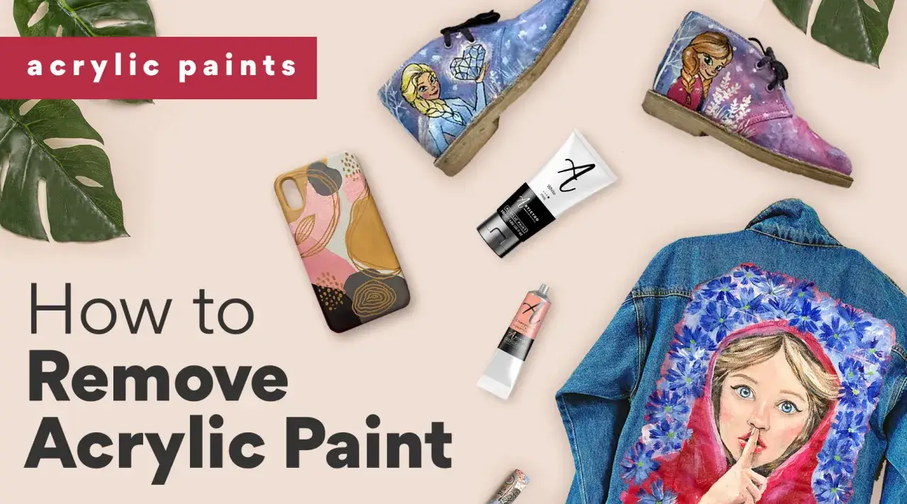 Des chaussures et une veste en jean peintes &agrave; l'acrylique, des tubes de peinture et une coque de t&eacute;l&eacute;phone. Apprenez &agrave; nettoyer peinture acrylique s&egrave;che.