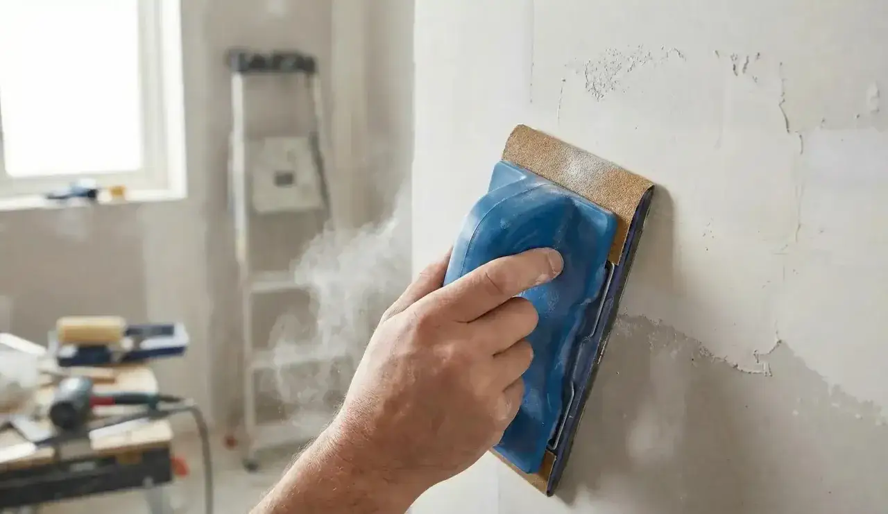 Main poncée avec un grain fin pour un fini lisse. La poussière s'envole, signe d'un travail bien fait.