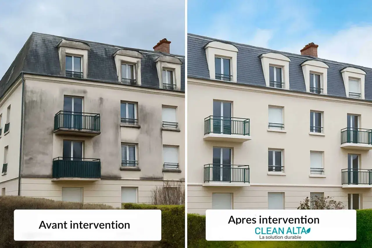 Avant/apr&egrave;s : fa&ccedil;ade sale et grise, puis propre et &eacute;clatante apr&egrave;s d&eacute;capage peinture fa&ccedil;ade.