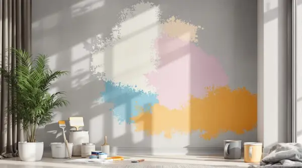Peinture sur mur ciment intérieur avec des éclaboussures de couleurs vives. Des pots de peinture et des pinceaux sont disposés au sol, prêts pour un projet créatif.