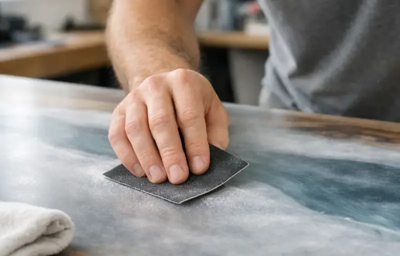 Main d'artisan ponçant une surface pour peindre sur du vernis. La poussière fine indique le travail de préparation.
