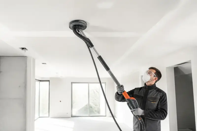 Un ouvrier utilise une ponceuse girafe pour poncer un plafond blanc dans une pièce en construction.