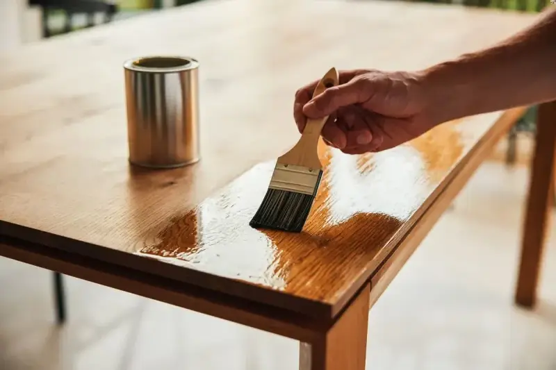 Main d'un artisan appliquant du vernis pour customiser et relooker une table en bois.